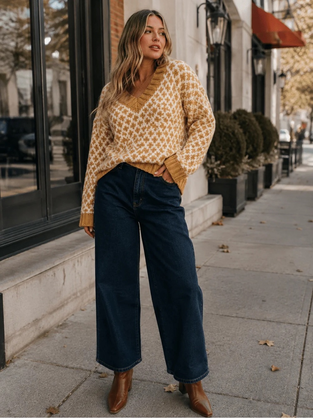 Cozy V-Neck Sweater in Mustard and Ivory